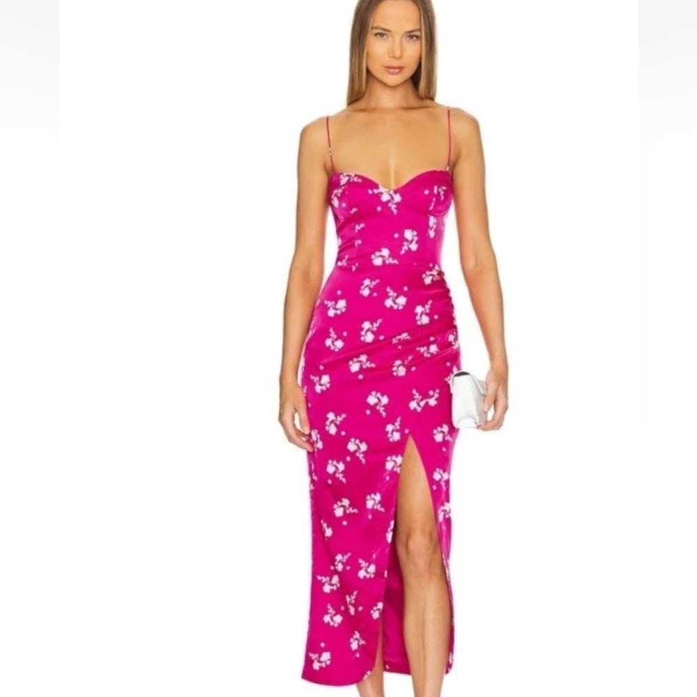 Revolve Bardot Amika Midi Dress Hot Pink Floral Size Small Floral Wedding Guest